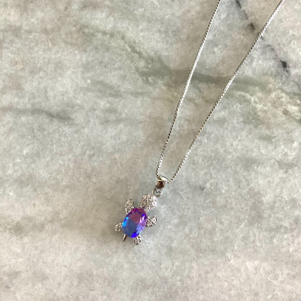 Sterling Silver Rainbow Zircon Stone Blue Purple Turtle Pendant Necklace - Picture 3 of 5